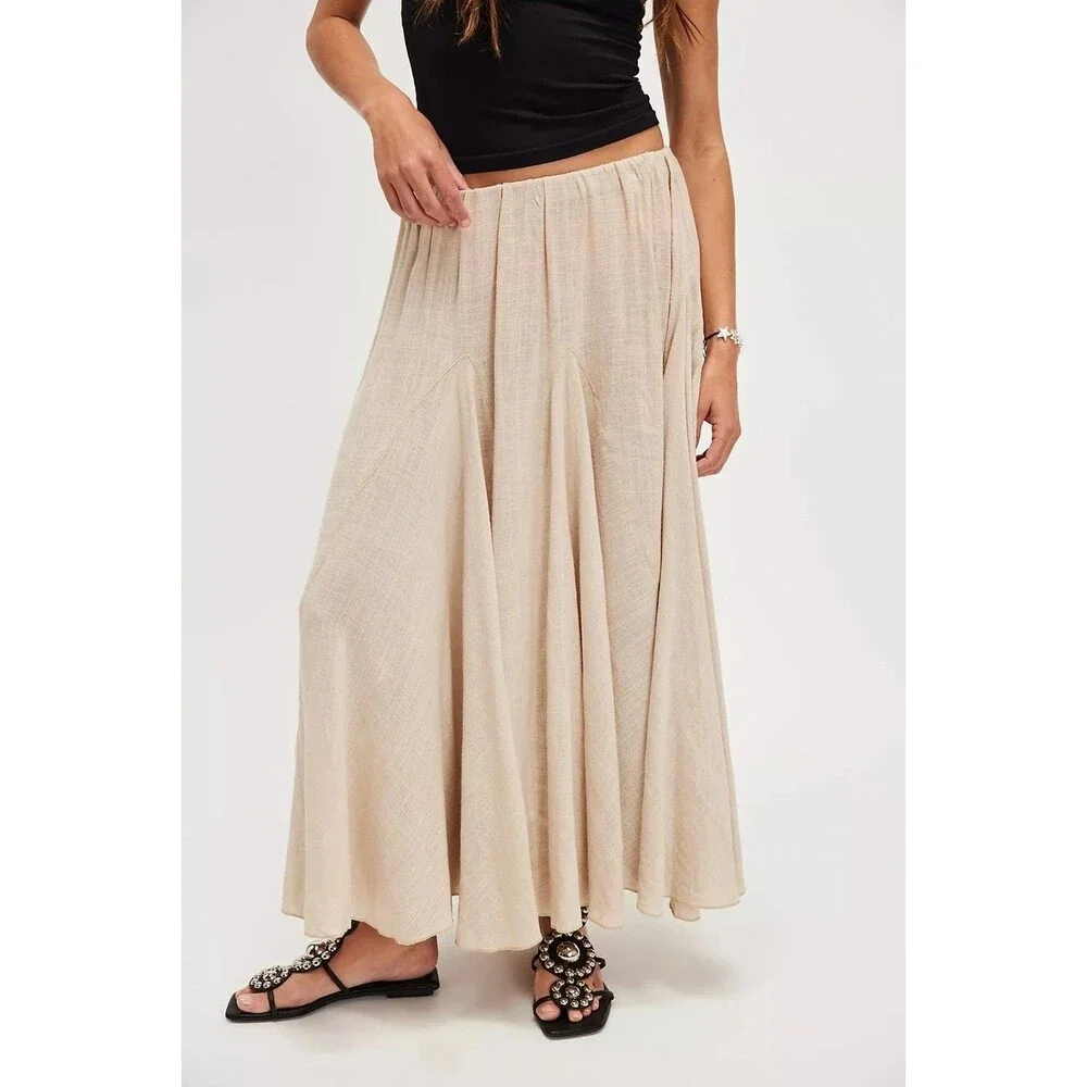 Free People Madras That Solid Linen Maxi Skirt A Line Godet Mid Rise XS 287550
